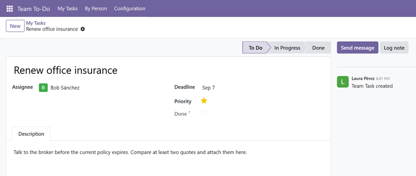 Task form with stage bar, owner, deadline and chatter